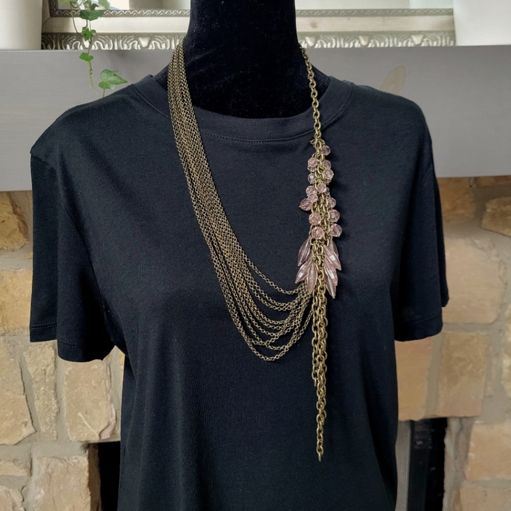 Lia Sophia Asymmetrical Bronze Necklace with Pink Beads